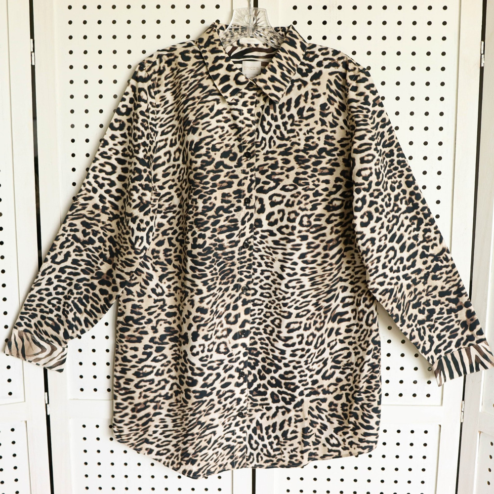 Chicos Womens SIZE 2 L/12 Animal Print Zebra Leopard Tunic Button Up Shirt